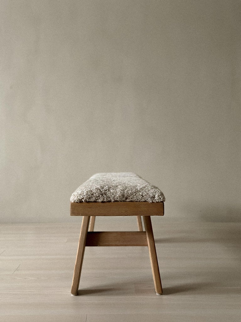 A Vintage Pinewood Bench in Sheepskin by Krogenæs, Norway 1960s - Image 2