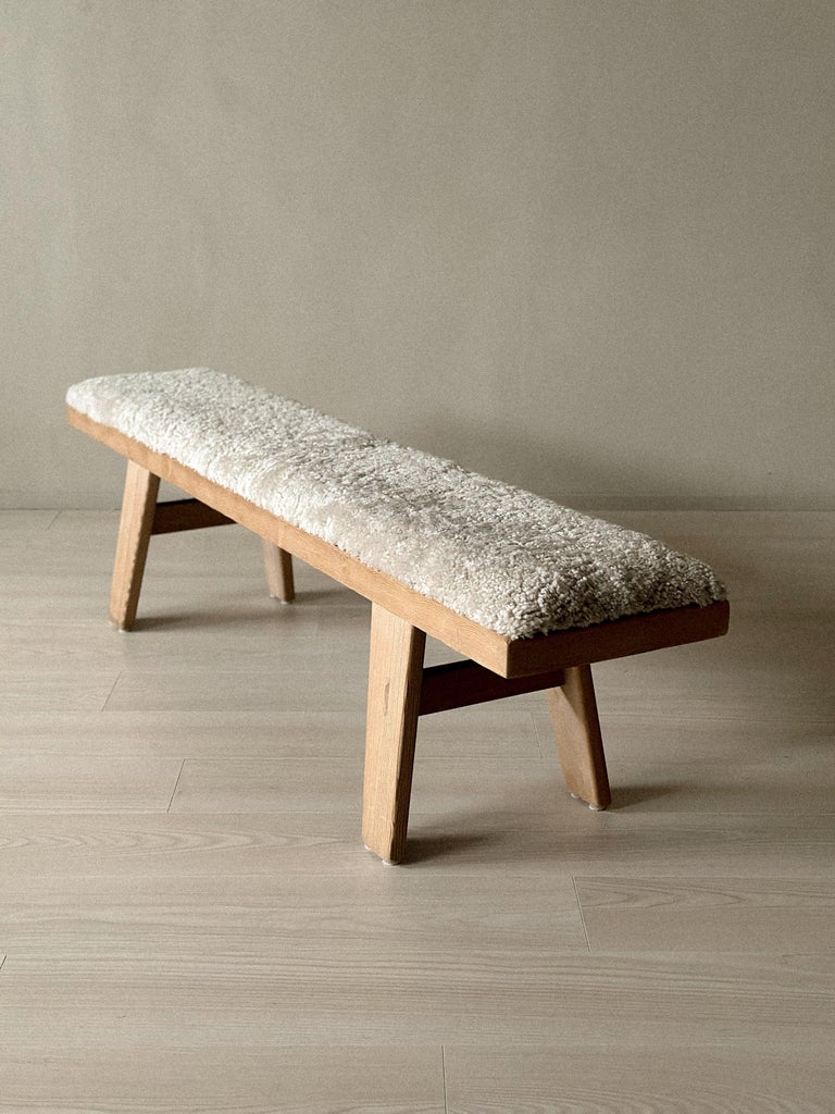 A Vintage Pinewood Bench in Sheepskin by Krogenæs, Norway 1960s - Image 7