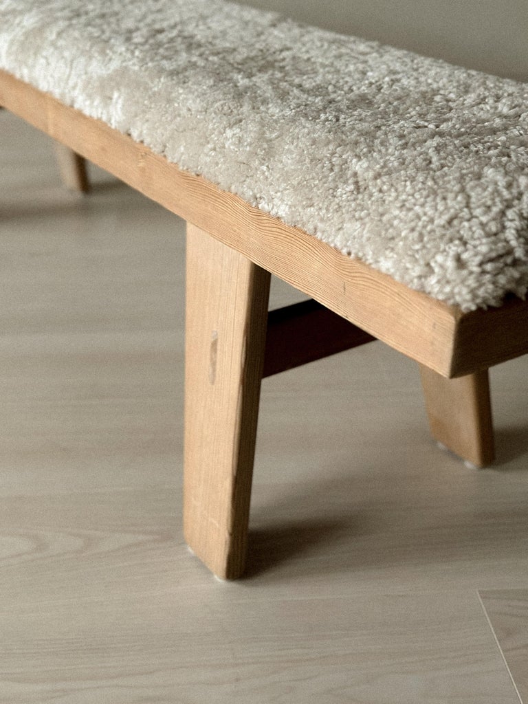 A Vintage Pinewood Bench in Sheepskin by Krogenæs, Norway 1960s - Image 6