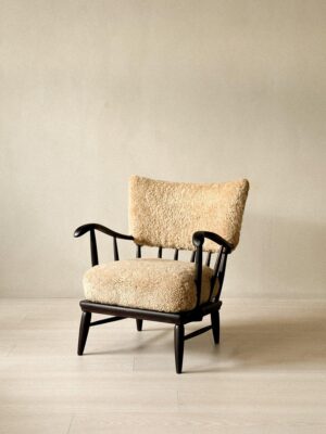 Arnt Lande (attr.) Armchairs by Møller & Stokke, Beech and Sheepskin, c. 1940s