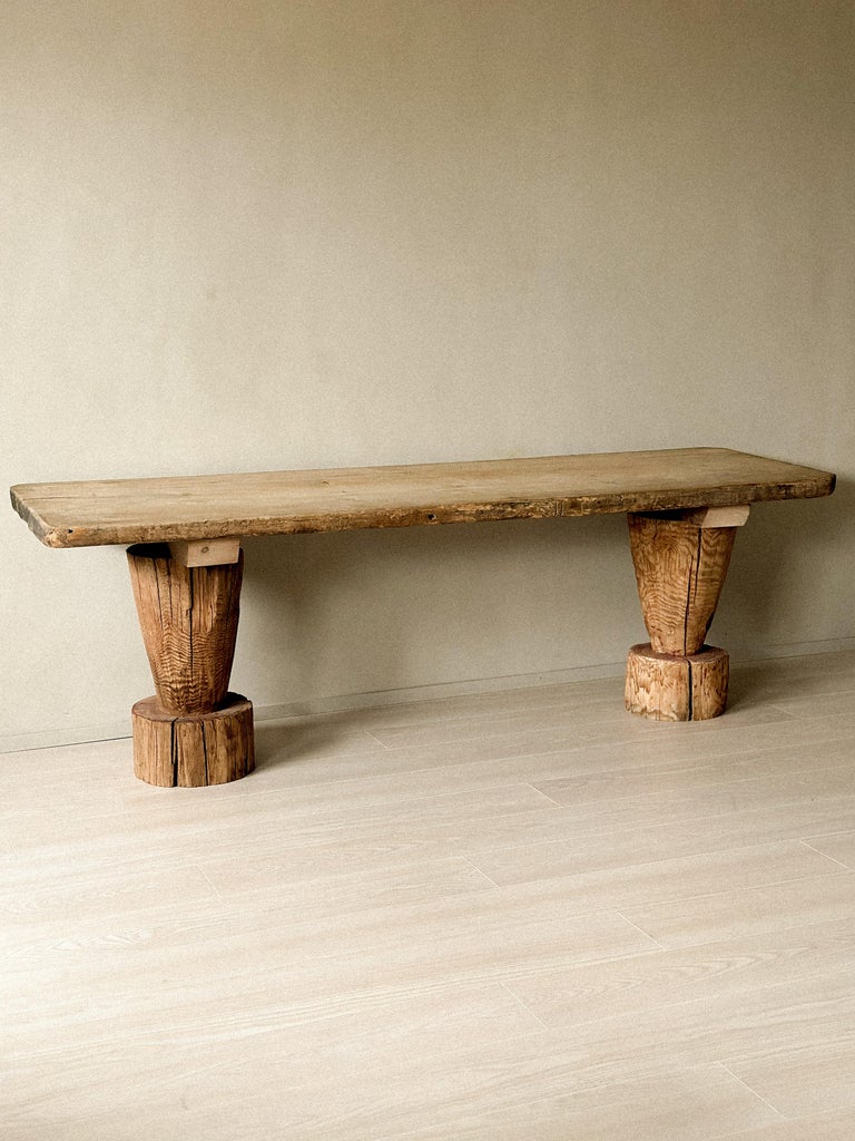 Wabi Sabi Antique Primitive Console Table, Pillar Log Legs, Scandinavia, c 1600s - Image 10