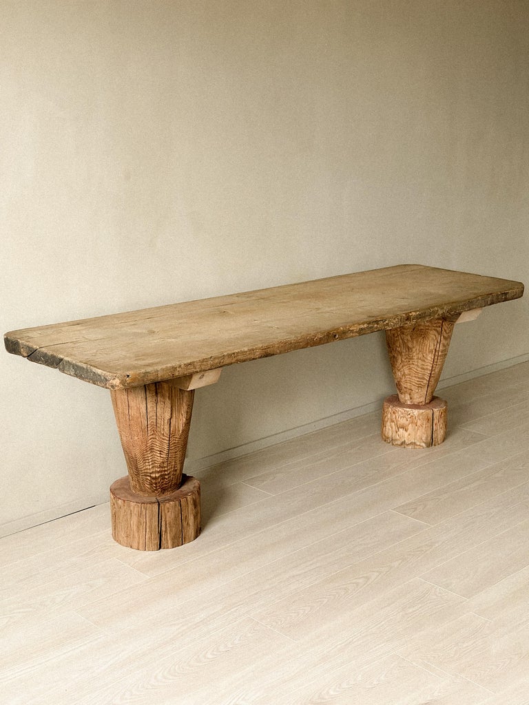 Wabi Sabi Antique Primitive Console Table, Pillar Log Legs, Scandinavia, c 1600s - Image 9