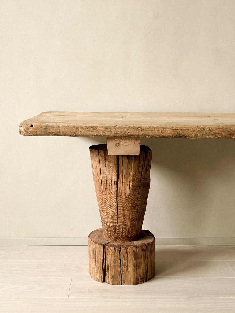 Wabi Sabi Antique Primitive Console Table, Pillar Log Legs, Scandinavia, c 1600s - Image 7