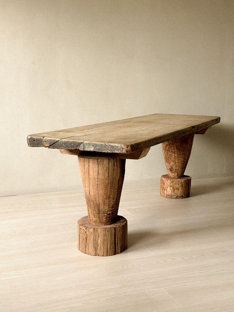 Wabi Sabi Antique Primitive Console Table, Pillar Log Legs, Scandinavia, c 1600s - Image 8