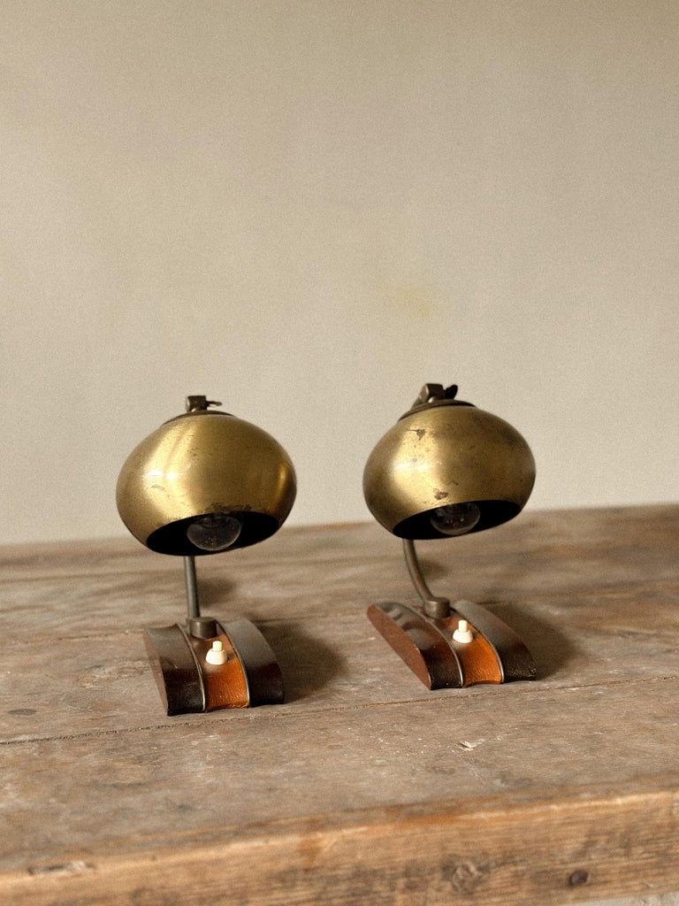Pair of Mid-Century Scandinavian Table or Wall Lamps, Brass and Wood, c. 1960s