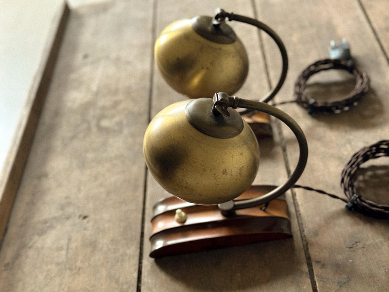 Pair of Mid-Century Scandinavian Table or Wall Lamps, Brass and Wood, c. 1960s - Image 5