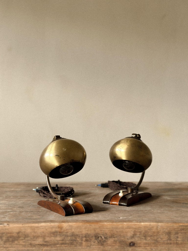 Pair of Mid-Century Scandinavian Table or Wall Lamps, Brass and Wood, c. 1960s - Image 2