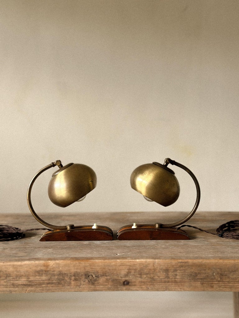 Pair of Mid-Century Scandinavian Table or Wall Lamps, Brass and Wood, c. 1960s - Image 4