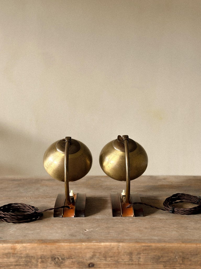 Pair of Mid-Century Scandinavian Table or Wall Lamps, Brass and Wood, c. 1960s - Image 3