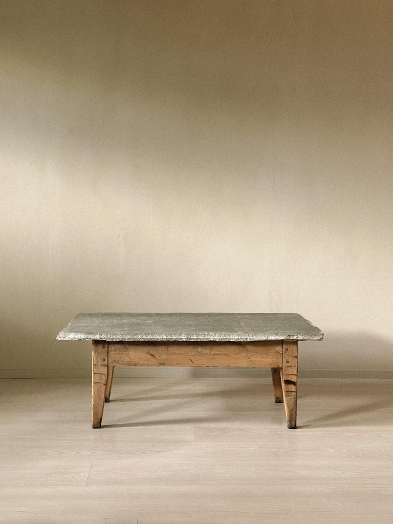 Antique Coffee Table with Slate Stone Top, Wabi Sabi Style, Norway c. 1700s