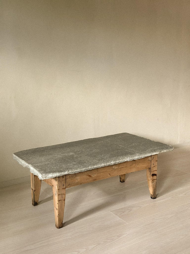 Antique Coffee Table with Slate Stone Top, Wabi Sabi Style, Norway c. 1700s - Image 6