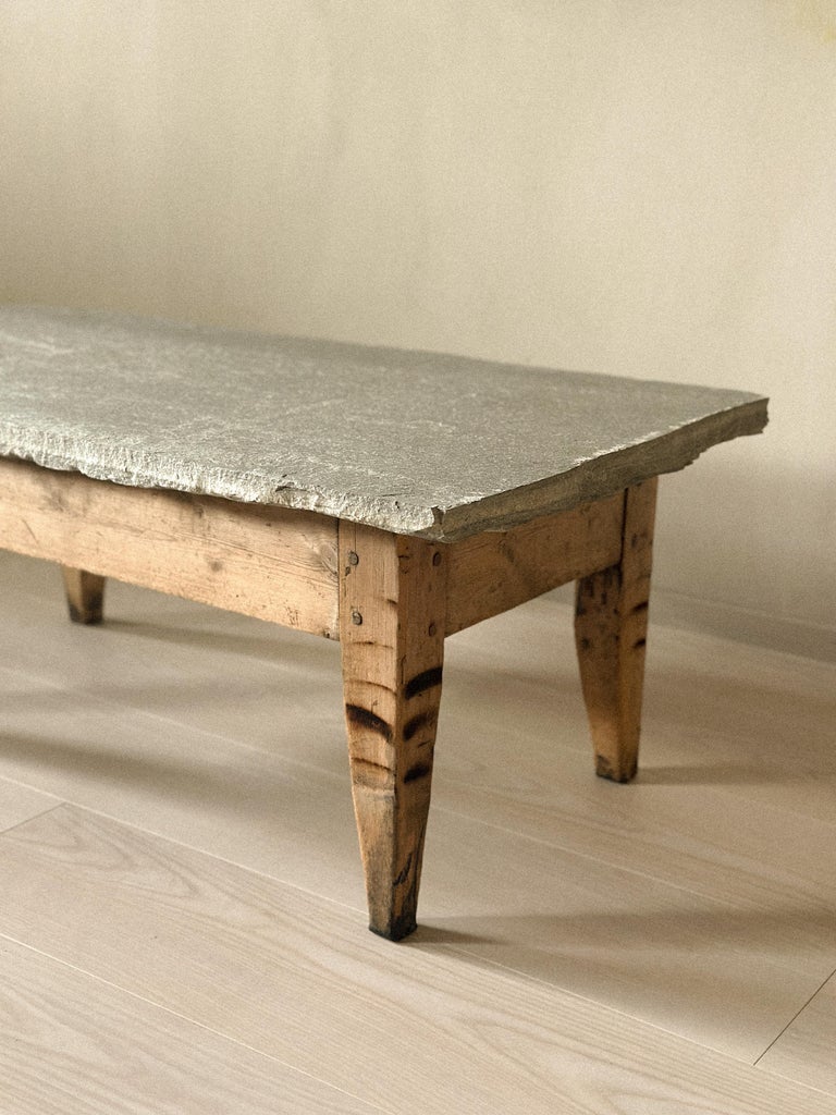 Antique Coffee Table with Slate Stone Top, Wabi Sabi Style, Norway c. 1700s - Image 5