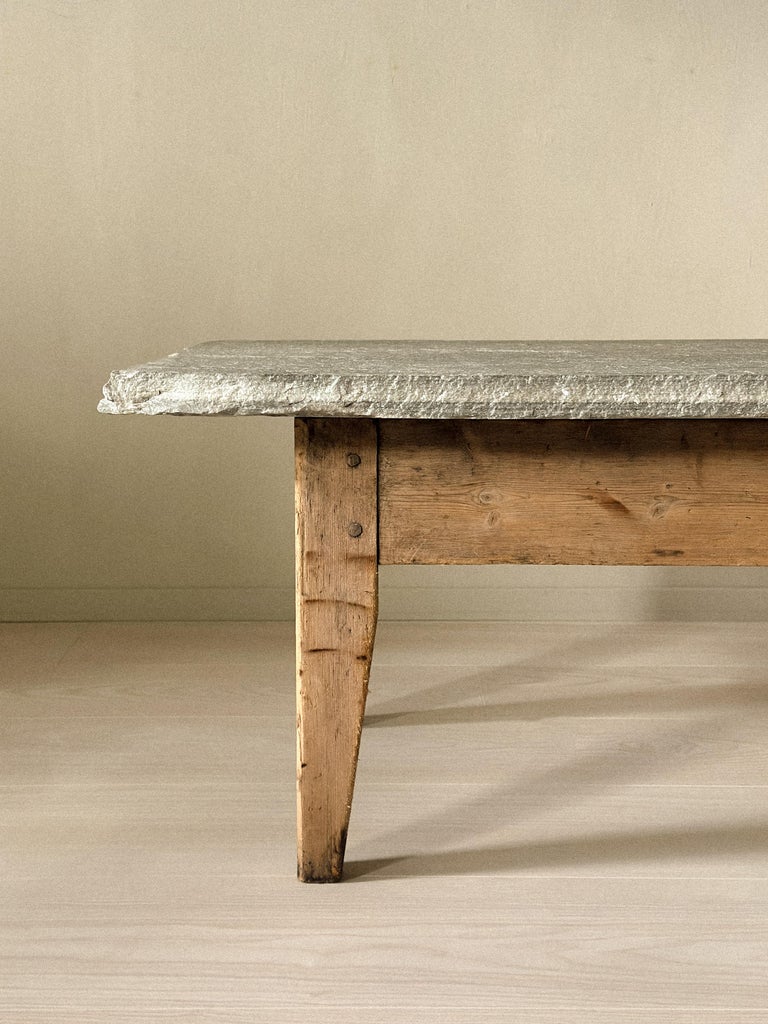 Antique Coffee Table with Slate Stone Top, Wabi Sabi Style, Norway c. 1700s - Image 3