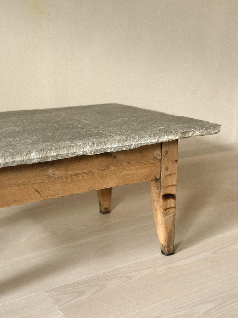 Antique Coffee Table with Slate Stone Top, Wabi Sabi Style, Norway c. 1700s - Image 2