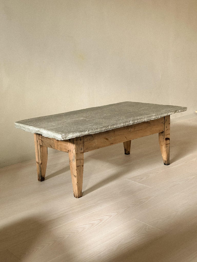 Antique Coffee Table with Slate Stone Top, Wabi Sabi Style, Norway c. 1700s - Image 9