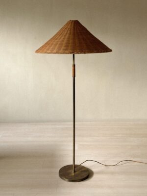 A Mid-Century Floor Lamp in Style of Paavo Tynell, Brass and Rattan, c. 1950s