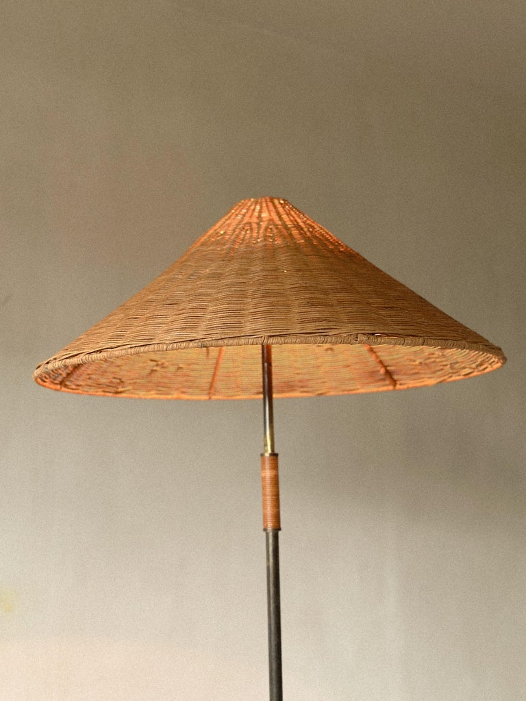 A Mid-Century Floor Lamp in Style of Paavo Tynell, Brass and Rattan, c. 1950s - Image 8